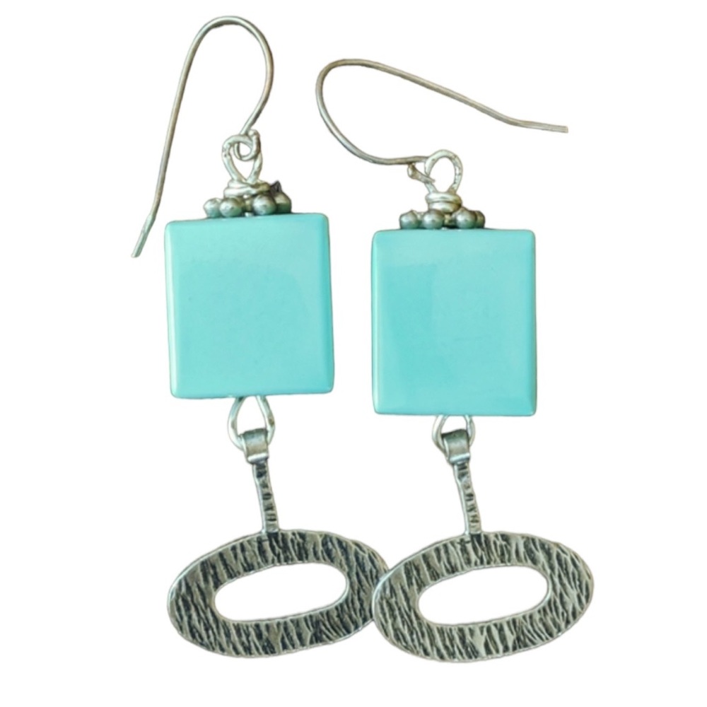 Sterling Silver & Italian Murano Solid Aqua Glass Dangle Earring